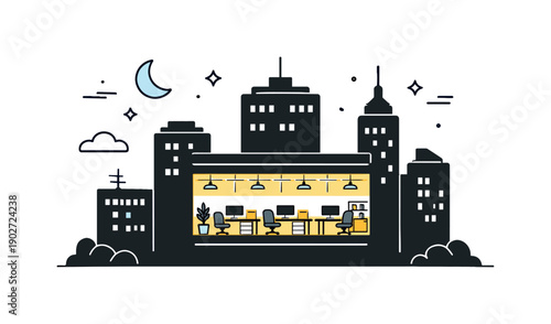 Office Night Glow. Office lights left on at night. A dark cityscape with one office floor glowing brightly, empty desks and chairs visible through windows.