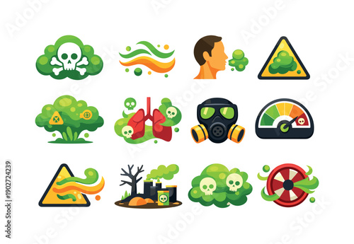 Poisonous Air. Colorful flat vector icons set of Poisonous Air: skull cloud symbol, deadly air waves, contaminated breath icon, toxic