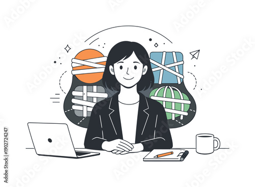 Neurodivergent masking at work. A professional smiling politely while internal abstract shapes appear muted and restrained, showing contrast