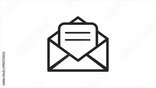 Simple black line icon of an open envelope with a letter inside.
