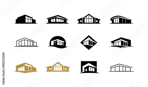 Luxury home design and features. Icon set. Set Logo of Luxury home design and features: panoramic window facade. harmonious logo variations