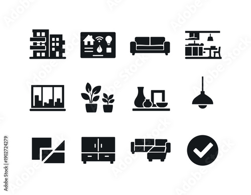 Modern Living Icons. Modern Living Spaces. Solid icon set of Modern Living Spaces: modern apartment, smart home screen, minimalist sofa, open space layout,