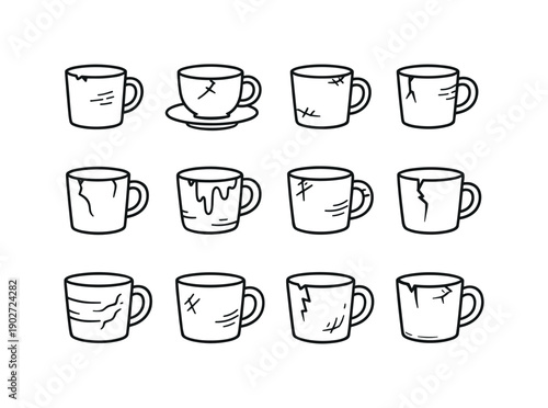 Worn Household Mug. Line icon set of Worn Household Mug: old coffee mug, used teacup, worn ceramic cup, aging kitchen mug, everyday mug
