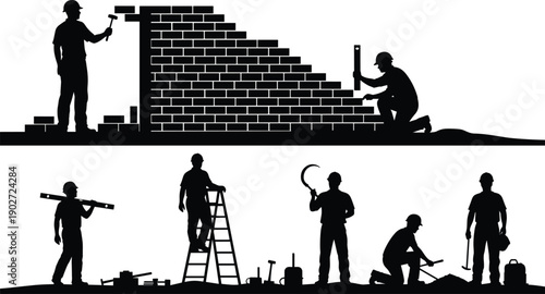 Construction worker silhouettes building brick wall, masonry labor teamwork scene, industrial construction process illustration, builder tools equipment concept isolated on white