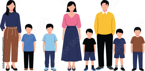 Flat vector illustration of diverse family members parents and children standing together isolated on white background for social concepts design