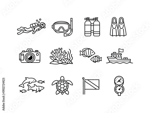 Scuba diving and underwater tourism. Line icon set of Scuba diving and underwater tourism: scuba diver, diving mask, oxygen tank, flippers,