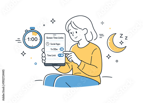 Social media time limits. A person setting screen time controls on a phone, small floating timer and moon icons, calm and healthy boundaries