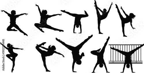 Gymnastics and dance silhouettes collection with acrobatic performers jumping and balancing isolated on white background artistic sport vector illustration set