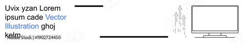 Business growth, analytics, productivity, data visualization, digital tools, innovation. Monitor showing arrows rising upward. Business growth and analytics illustrated with data progression theme
