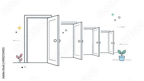 Open doors waiting. Interior space with multiple open doors leading into soft white light, no people present. Serene invitation and quiet