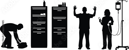 Hospital emergency silhouettes, medical staff with patient, IV drip treatment, healthcare service scene, clinical equipment, medicine care concept illustration isolated background