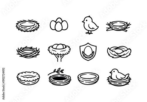 Natural Nest Icons. Natural Nests. Line icon set of Natural Nests: straw nest, egg cluster, chick icon, branch holder, curved twigs, tree top nest, protected