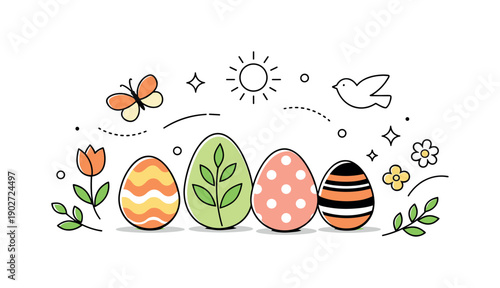 Easter egg editorial background. A refined abstract composition combining decorated eggs and light spring motifs into a cohesive modern