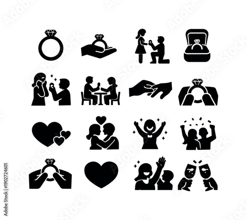 Proposal moment. Solid icon set of proposal moment: engagement ring, ring presentation, kneeling proposal, open ring box, surprise proposal,