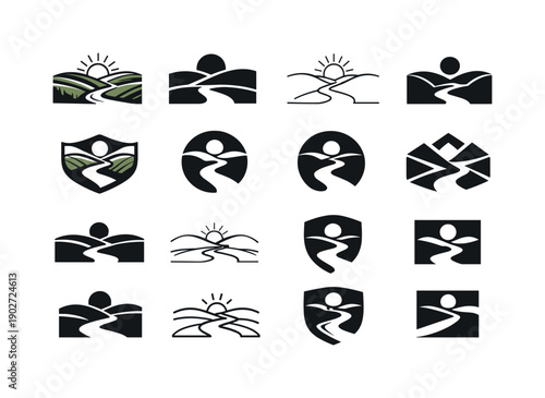 Country Road Icons. Country Road. Icon set. Set Logo of Country Road: countryside path with rolling landscape. harmonious logo variations of the same