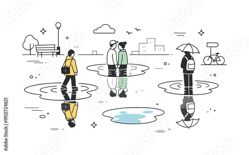People reflected in puddles. A quiet urban space after rain, where distant figures appear mainly through their reflections. The scene conveys