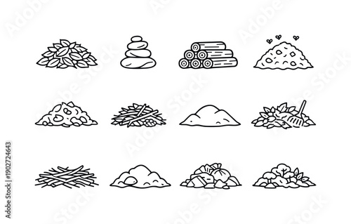 Natural Heap. Line icon set of Natural Heap: leaf pile, rock stack, wood logs heap, compost pile, organic matter, forest debris, natural
