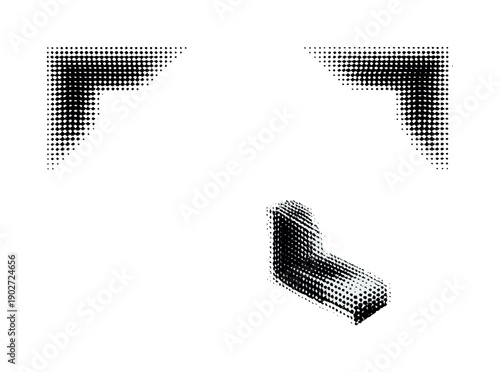 Halftone dotted corner frame, a single corner design object shown in top-left corner view, mirrored top-right view, and three-quarter angled