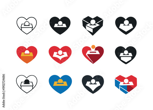 Charity fundraiser goal. Icon set. Set Logo of Charity fundraiser goal: heart with donation box. harmonious logo variations of the same