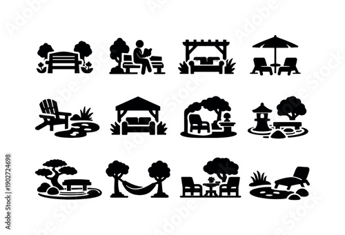 Garden relaxation. Solid icon set of Garden relaxation: peaceful garden seat, reading bench outdoors, quiet garden nook, shaded seating, calm