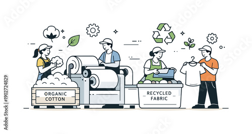 Eco-Friendly Fabric Production. Natural fabric production. Workers handling organic cotton and recycled fabrics in a minimalist factory scene, subtle floating