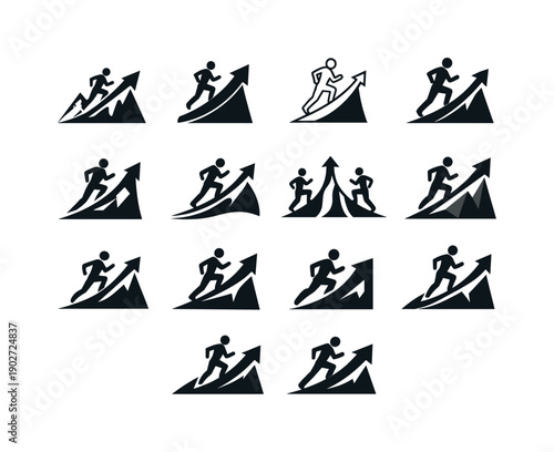 Hill running. Icon set. Set Logo of Hill running: steep incline arrow. harmonious logo variations of the same emblematic concept, each with
