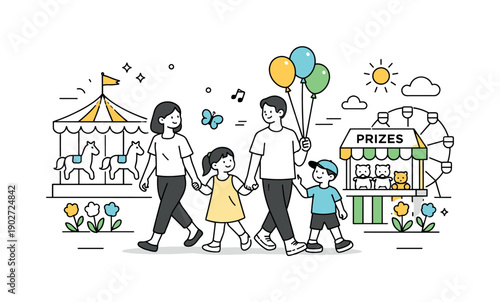 Family at spring carnival. Adults and children walking together past colorful attractions, relaxed pace and friendly energy. Balloons,