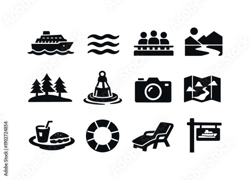 River Cruise Icons. River Cruise. Solid icon set of River Cruise: cruise boat, gentle waves, passengers on deck, landscape view icon, riverbank trees, floating