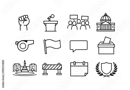 Political Demonstration. Line icon set of Political Demonstration: raised fist arm, podium microphone, crowd with signs, government building,