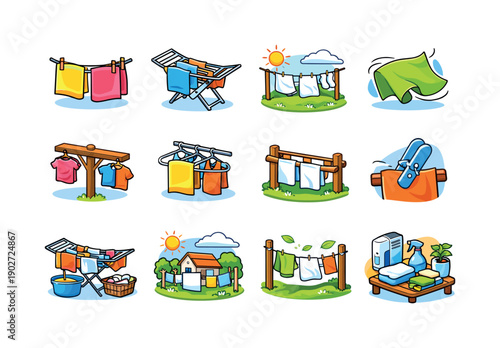 Colorful Laundry Icons. Laundry drying. Colorful isometric vector icons set of Laundry drying: towel on clothesline, drying rack with towels, sun-drying linen,