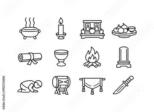 Ancestor rituals. Line icon set of Ancestor rituals: incense burner, ritual candle, ancestral shrine, ritual offering plate, prayer scroll,