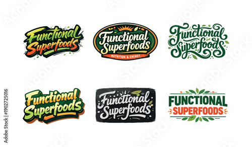 Functional superfoods. Set lettering. harmonious lettering variations of the same emblematic concept, each with different artistic