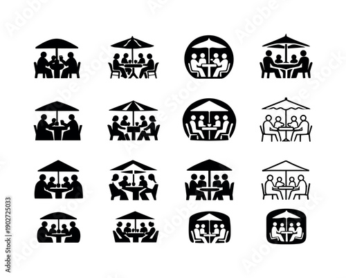 Social gatherings in different settings. Icon set. Set Logo of Social gatherings in different settings: outdoor cafe social scene. harmonious