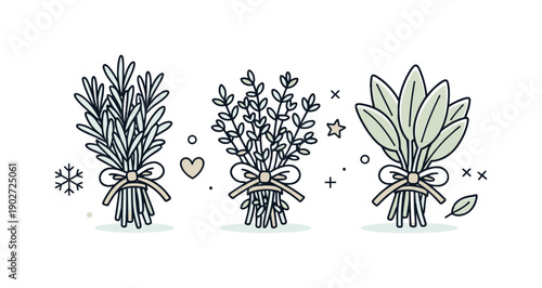Cozy Herbal Display. Dried herbs winter. A calm arrangement of bundled dried herbs like rosemary, thyme, and sage tied with string on a clean surface. Cozy