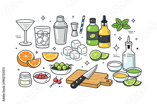 Summer bar props. Cocktail ingredients arranged in a tidy flat lay, including ice cubes, citrus, and glassware. Friendly social mood, modern