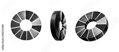 Abstract halftone circular data chart. A circular data chart element is depicted in three views: flat front view, rotated side view, and