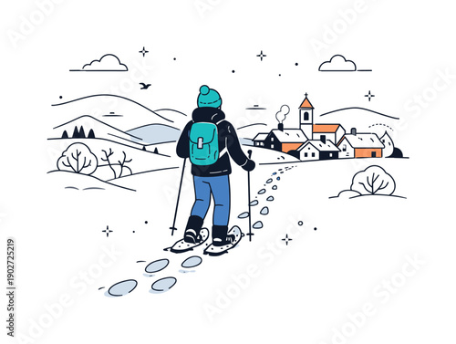 Snowshoe Village Stroll. Snowshoe hiking near towns. Walking along a snowy path with footprints leading forward, person enjoying steady rhythm and fresh air,