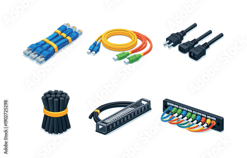 Server rack cables. Isometric flat vector icons set of server rack cables: bundled ethernet cables, fiber optic patch cords, power cables