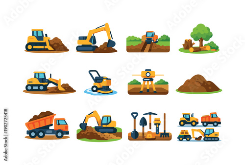 Earth moving. Colorful flat vector icons set of earth moving: bulldozer pushing soil, excavator scooping dirt, trench digging, land clearing,