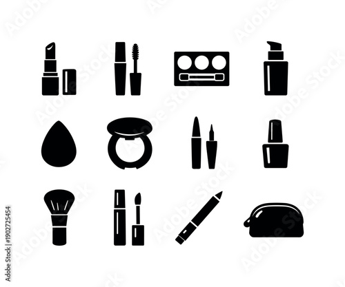 Makeup Essentials Icons. Makeup essentials. Solid icon set of Makeup essentials: lipstick tube, mascara brush, eyeshadow palette, foundation bottle, makeup
