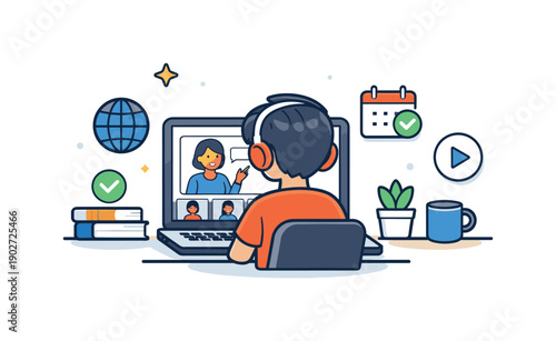 Online learning at home a student attending a virtual class on a laptop with small interface elements, expressing accessibility, flexibility