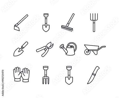 Garden tools. Line icon set of garden tools: hoe, shovel, rake, pitchfork, hand trowel, pruning shears, watering can, wheelbarrow, garden
