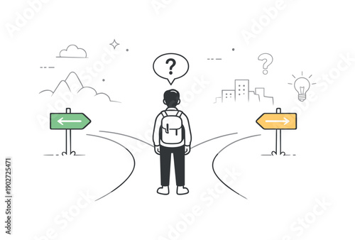 Calm uncertainty concepts. Person standing at a forked path with gentle fog and soft directional icons fading into the distance. Quiet