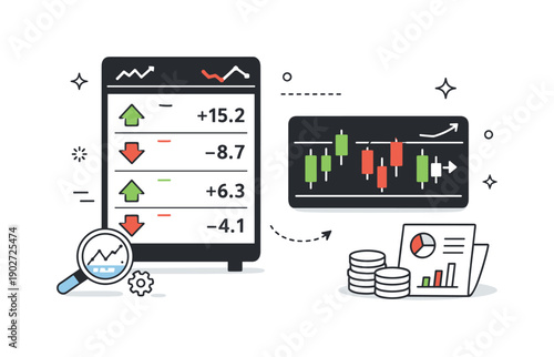 Market volatility visualization. Stock exchange boards showing mixed upward and downward indicators, expressing change without drama. Soft