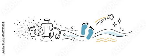 Experience over things abstract concept. A symbolic scene where objects dissolve into light particles while icons like footprints, star