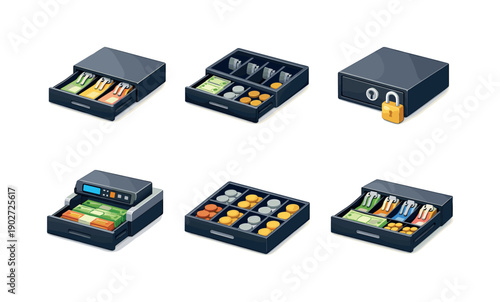 Cash handling. Isometric flat vector icons set of cash handling: cashier drawer open, money drawer with dividers, secure cash drawer locked,