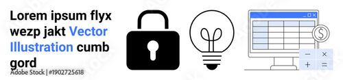 Cybersecurity, innovation, financial management, creative thinking, data security, organization. Lock, light bulb and spreadsheet with currency and calculator icon. Cybersecurity and innovation