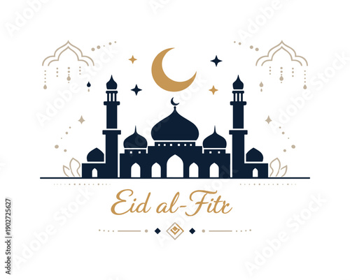 Elegant Eid Mosque Scene. Eid al-Fitr elegant illustration mosque scene. A simplified mosque silhouette with a crescent moon above, surrounded by