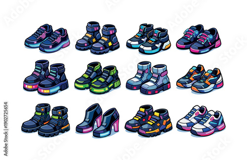 Urban cyber footwear. Colorful isometric vector icons set of Urban cyber footwear: neon sole sneakers, armored boots, high tech trainers, LED