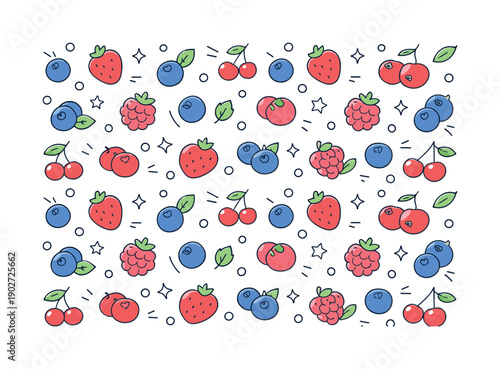 Berry flat lay pattern. Repeating arrangement of fresh berries forming a light decorative composition. Modern stock illustration with calm